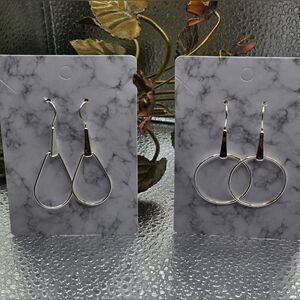 "5/$25" 2 Pairs Of Circle/Teardrop Minimalist Silver Tone Dangle Earrings